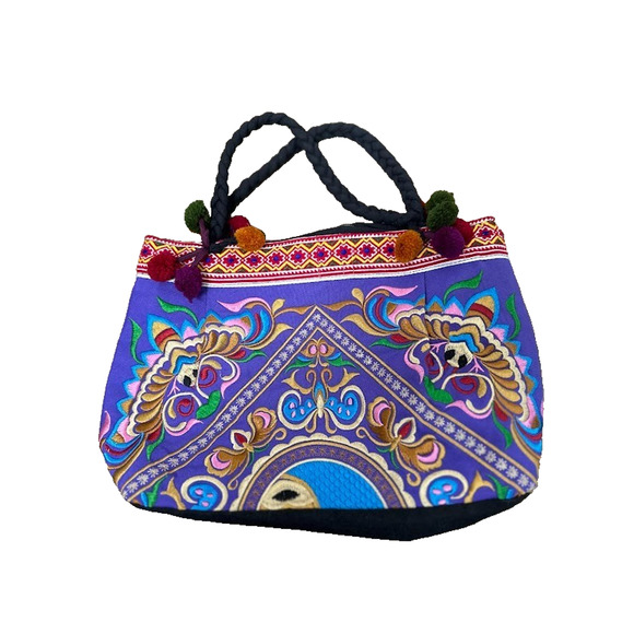 Embroidered 100% Cotton Thailand Boho Hand Bag Shoulder Bag Purse Zipper Pom Pom - Picture 6 of 10